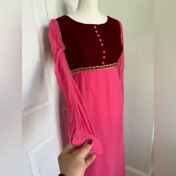 1970s Fuchsia Pink and Red Velvet Holiday Cottagecore Maxi Dress - Picture 5 of 15